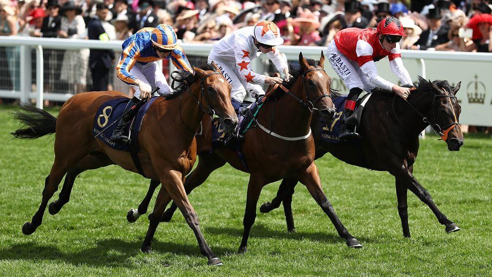 Signora Cabello (centre) wins the Queen Mary Stakes at Royal Ascot