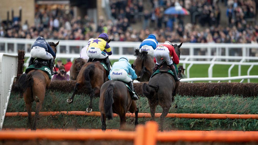 Runners in the 2m 4f handicap chase take the fence in front of the standsCheltenham 1.1.19 Pic: Edward Whitaker