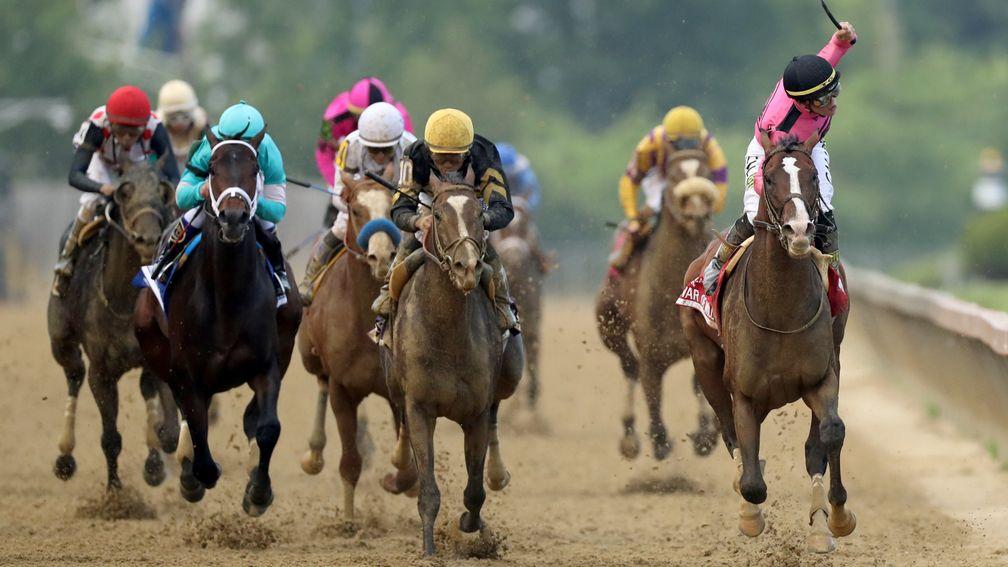 War Of Will (right): Tyler Gaffalione celebrates winning the Preakness