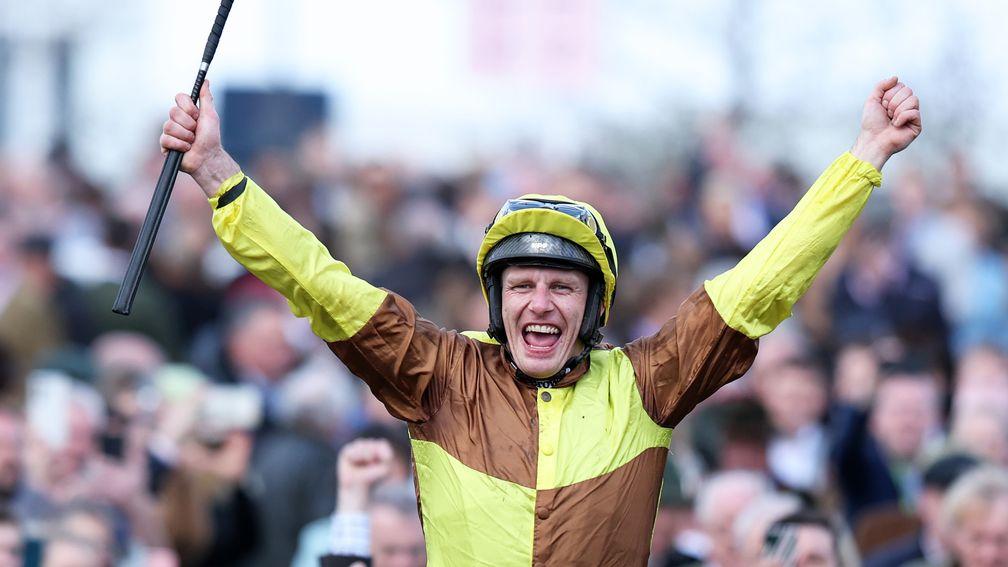 Paul Townend celebrates on board Galopin Des Champs after winning the Boodles Cheltenham Gold Cup