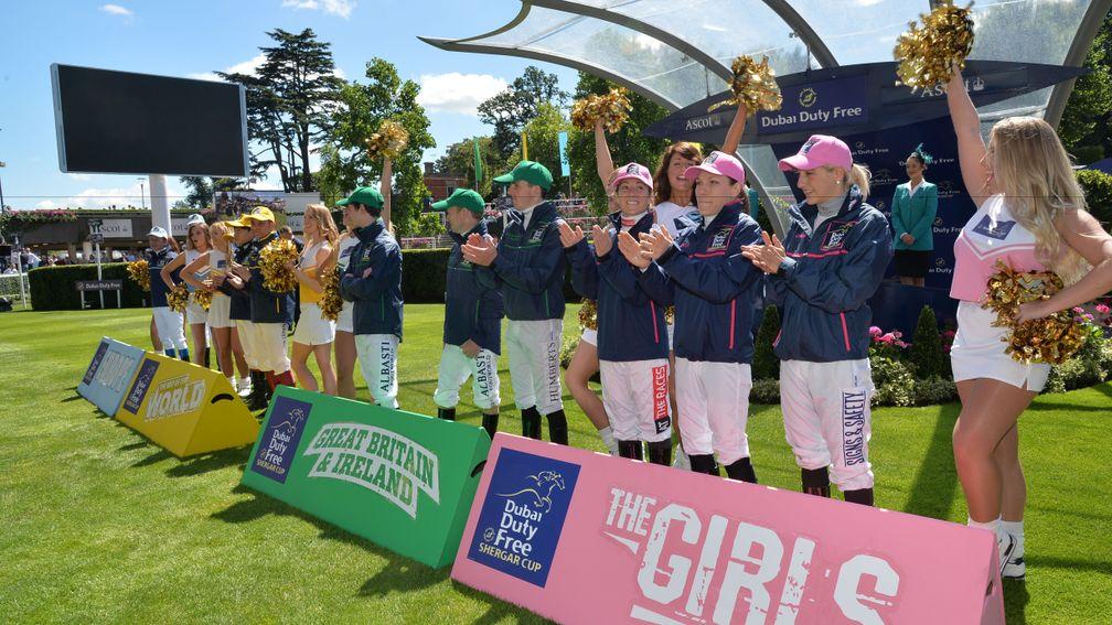 The four teams of jockeys line up before the start of the Shergar Cup last year