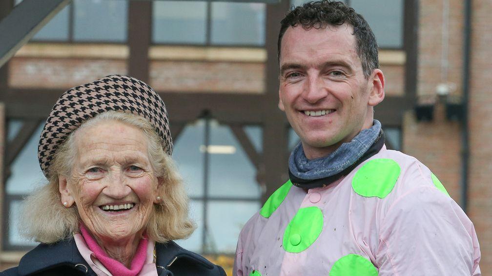 Patrick Mullins with his grandmother Maureen Mullins and the trophy for the Morgiana Hurdle which he won on Sharjah