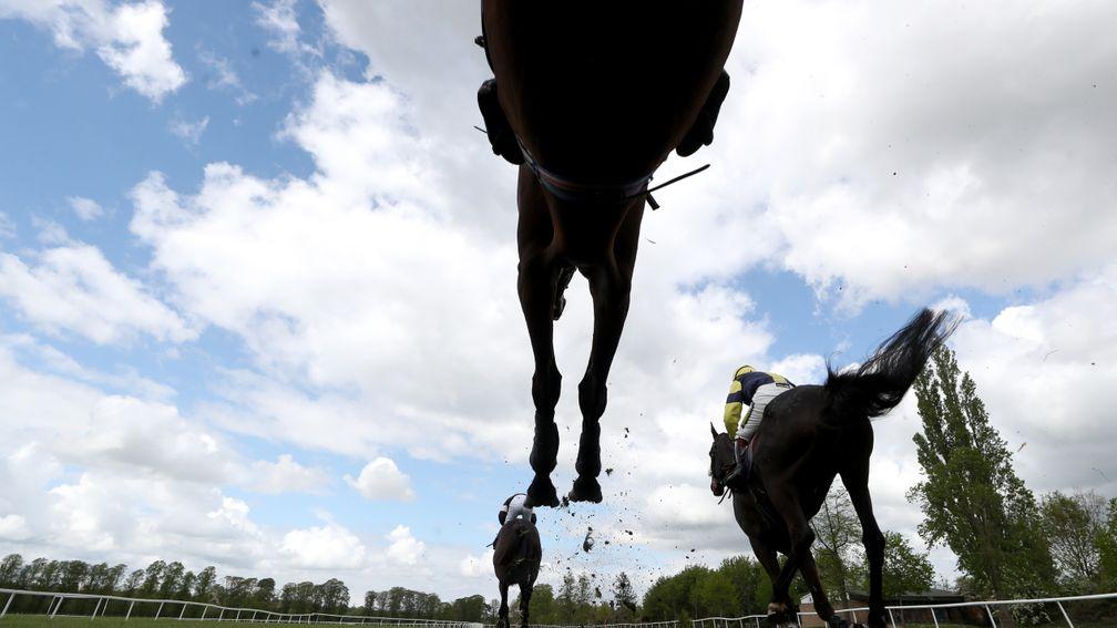 WORCESTER, ENGLAND - MAY 12: Runners and riders in action during The Free Tips Daily On attheraces.com Handicap Chase at Worcester Racecourse on May 12, 2021 in Worcester, England. (Photo by David Davies - Pool/Getty Images)