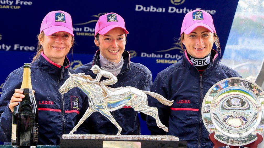 Top rider Nicola Currie (right) with Hayley Turner (left) and Mickaelle Michel, the winning Shergar Cup team