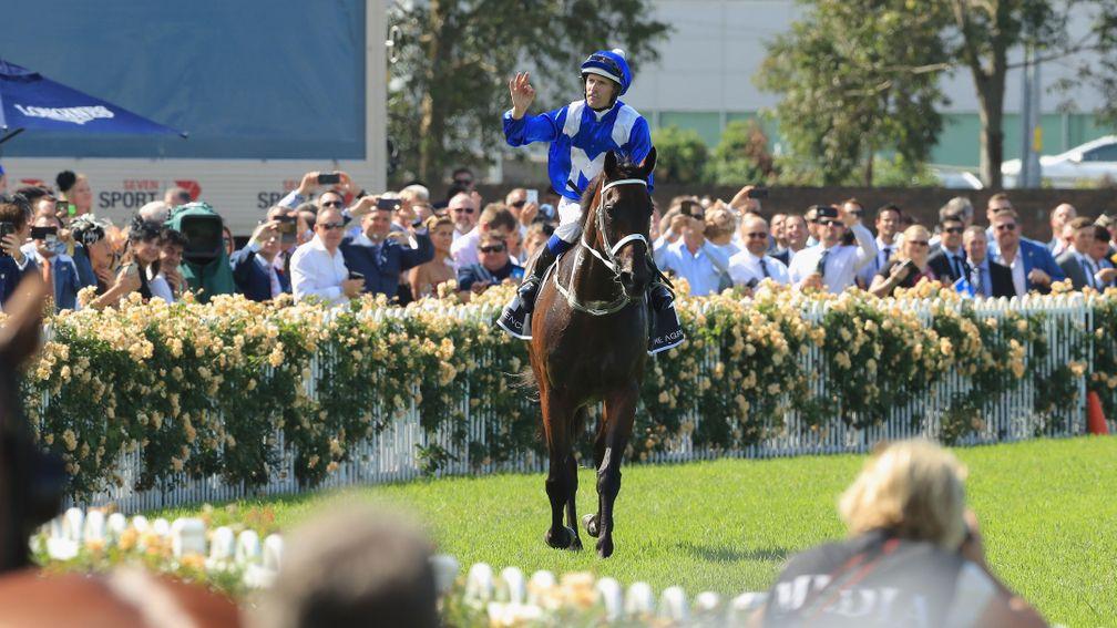 Winx receives the adulation of the crowd after winning the Group 1 George Ryder Stakes at Rosehill