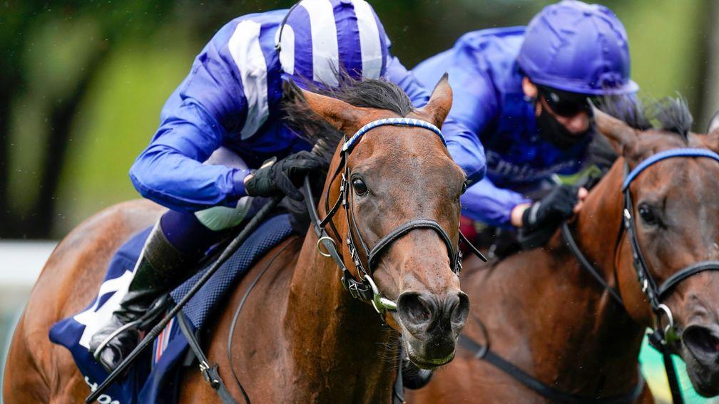 Nazeef (striped cap) on her way to a first Group 1 success in the Tattersalls Falmouth Stakes at Newmarket