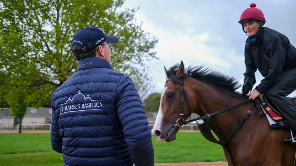 CASHEL, IRELAND - MAY 09: Aidan O'Brien chacks all the horses as they pass him during a stable visit to Aidan O'Brien's Ballydoyle yard on May 09, 2022 in Cashel, Ireland. (Photo by Alan Crowhurst/Getty Images)