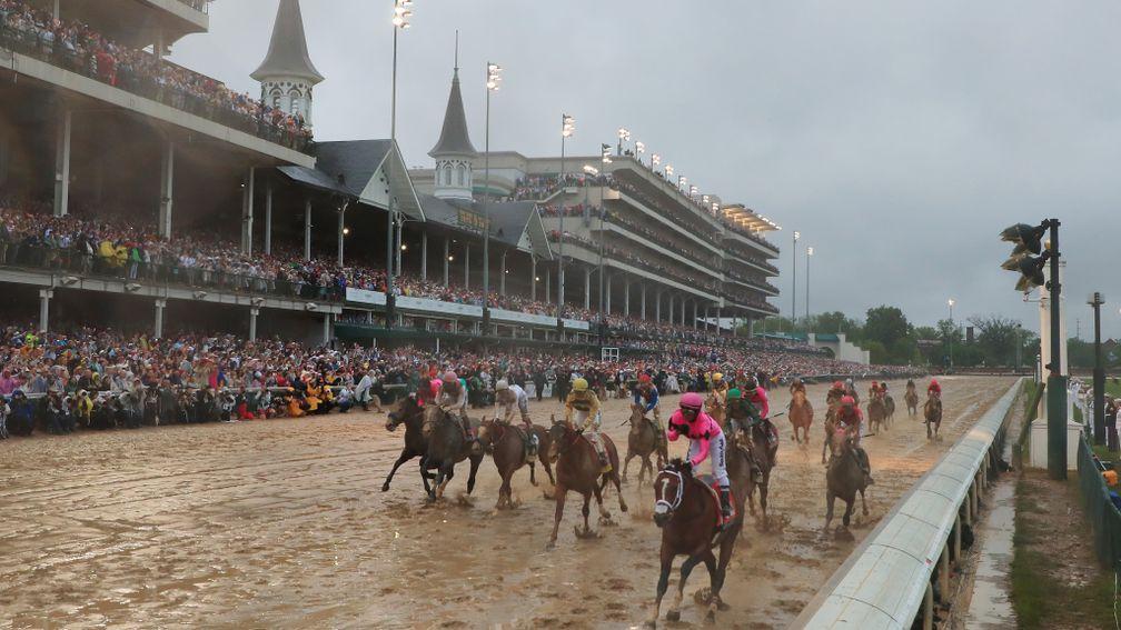 Maximum Security passes the post in front in the Kentucky Derby but was later demoted to 17th by the Churchill Downs stewards