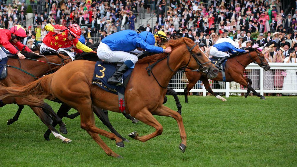 ASCOT, ENGLAND - JUNE 18:  Naval Crown ridden by James Doyle beats Creative Force (3) ridden by William Buick to win The Platinum Jubilee Stakes on day five of Royal Ascot 2022 at Ascot Racecourse on June 18, 2022 in Ascot, England. (Photo by Alex Livesey