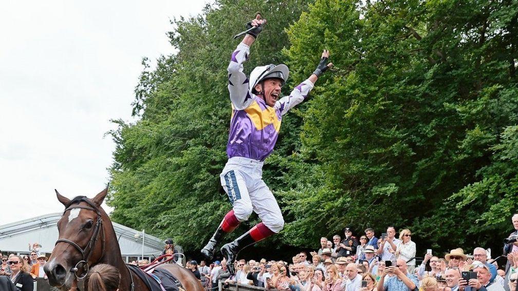 Frankie Dettori leaps from Lezoo after winning at Newmarket last week