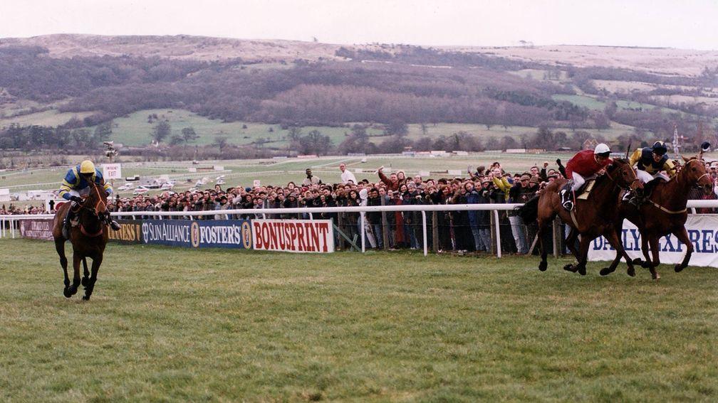 Cool Ground (right) wins the 1992 Cheltenham Gold Cup in a driving finish from The Fellow and Docklands Express