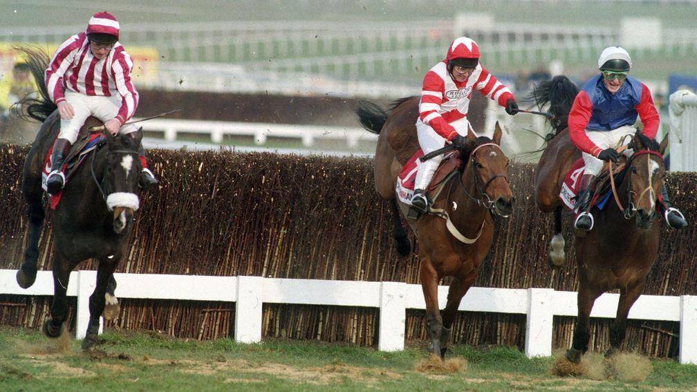 Klairon Davis (left) on his way to beating Viking Flagship (centre) and Sound Man in the Champion Chase