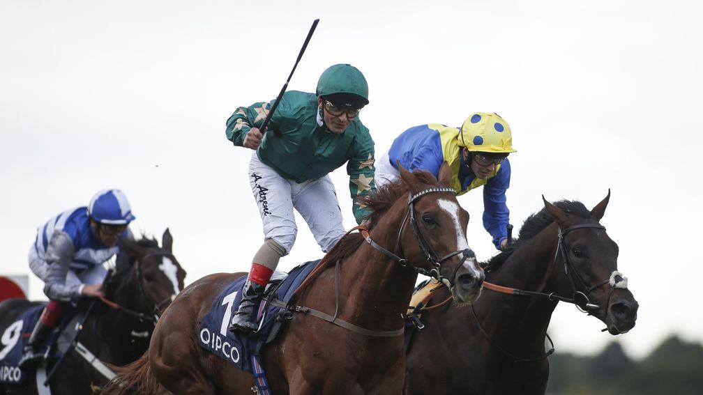 Decorated Knight wins the Qipco Irish Champion Stakes at Leopardstown