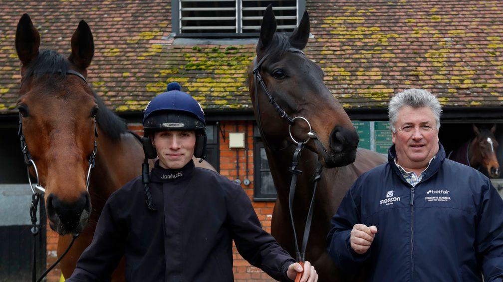 A choice to be made: Harry Cobden and Paul Nicholls with King George contenders Cyrname (left) and Clan Des Obeaux