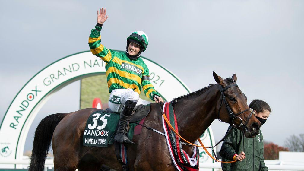Rachael Blackmore celebrates her win in the Grand National on Minella Times in 2021