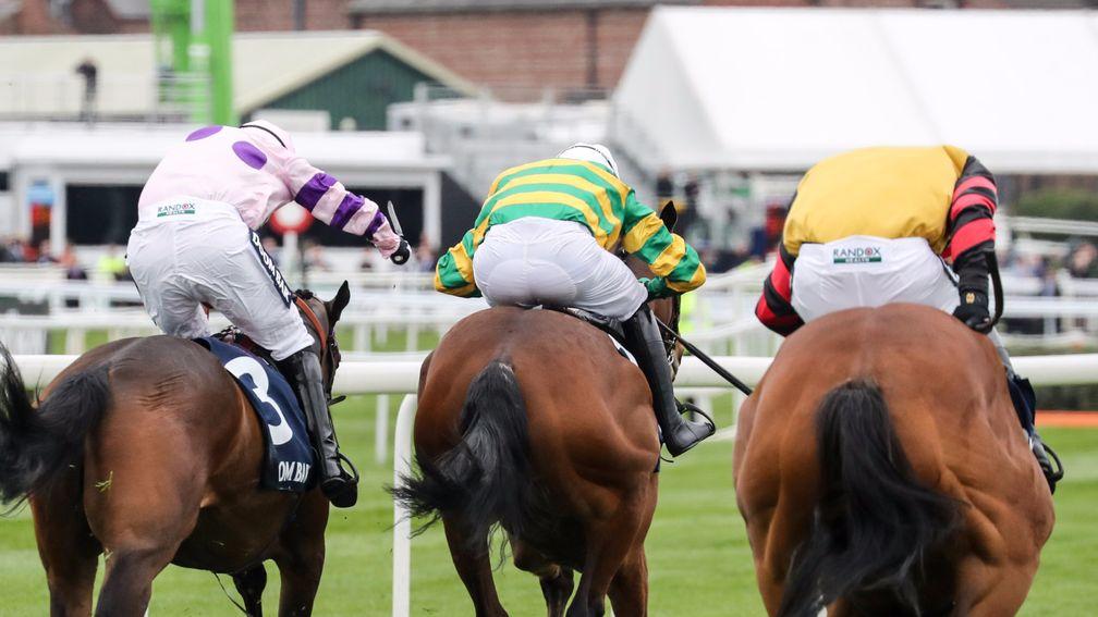 Defi De Seuill and Barry Geraghty (centre) head for victory in the Anniversary Hurdle over Divin Bere (left) and Bedrock
