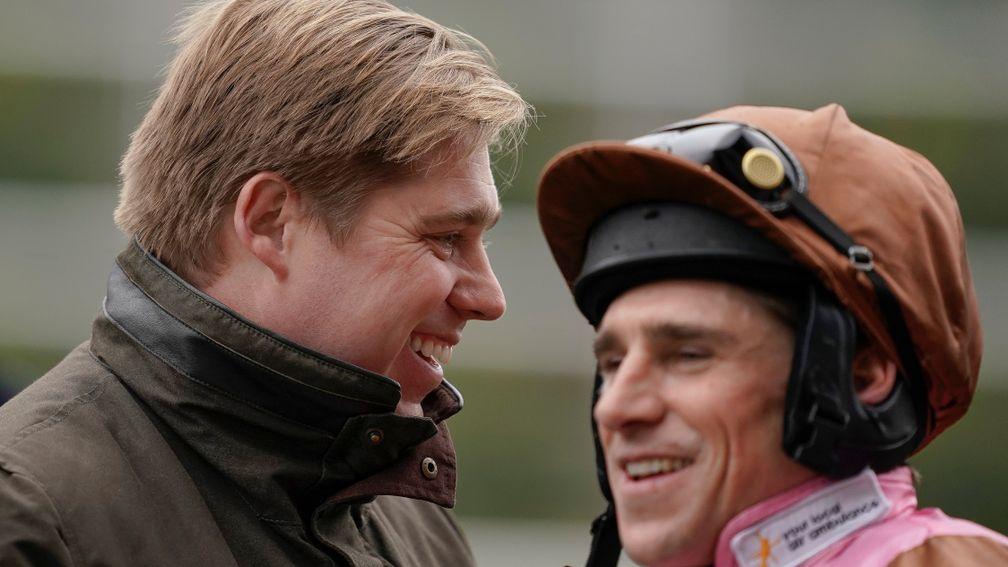ASCOT, ENGLAND - NOVEMBER 19: Dan Skelton celebrates his 1000th winner as a trainer at Ascot Racecourse on November 19, 2021 in Ascot, England. (Photo by Alan Crowhurst/Getty Images)