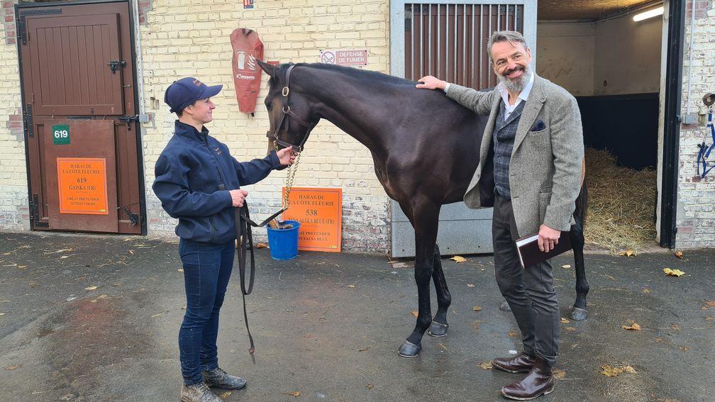Prolific owner Pierre Pilarski gets to know his newest purchase, a yearling filly by Great Pretender bought at Arqana on Tuesday