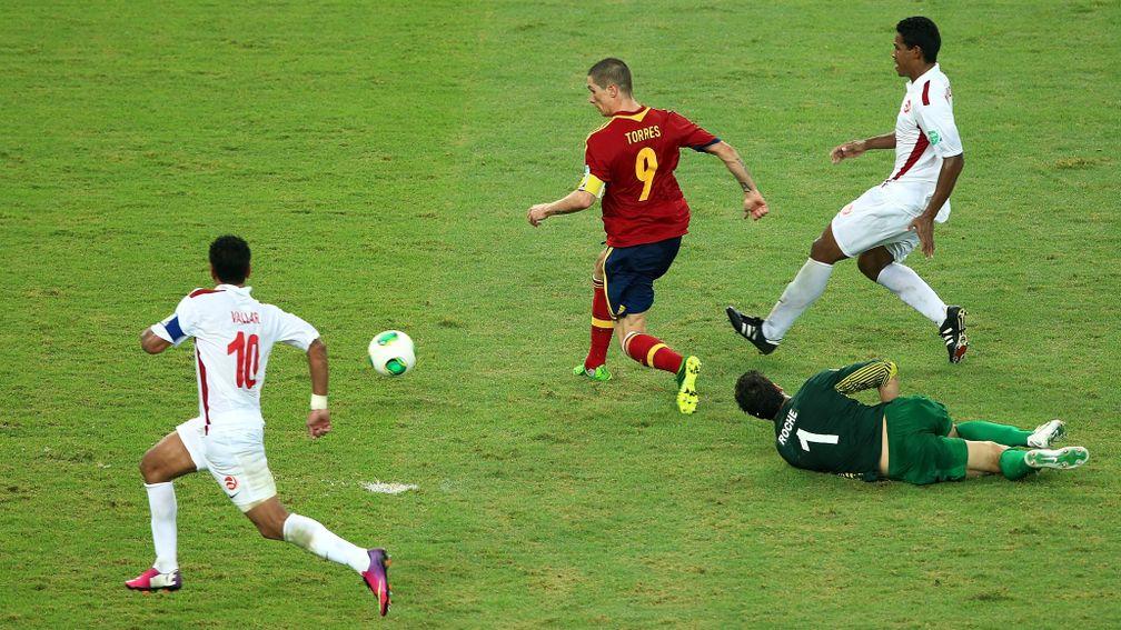 Fernando Torres scores the vital ninth goal in Spain's 10-0 win over Tahiti