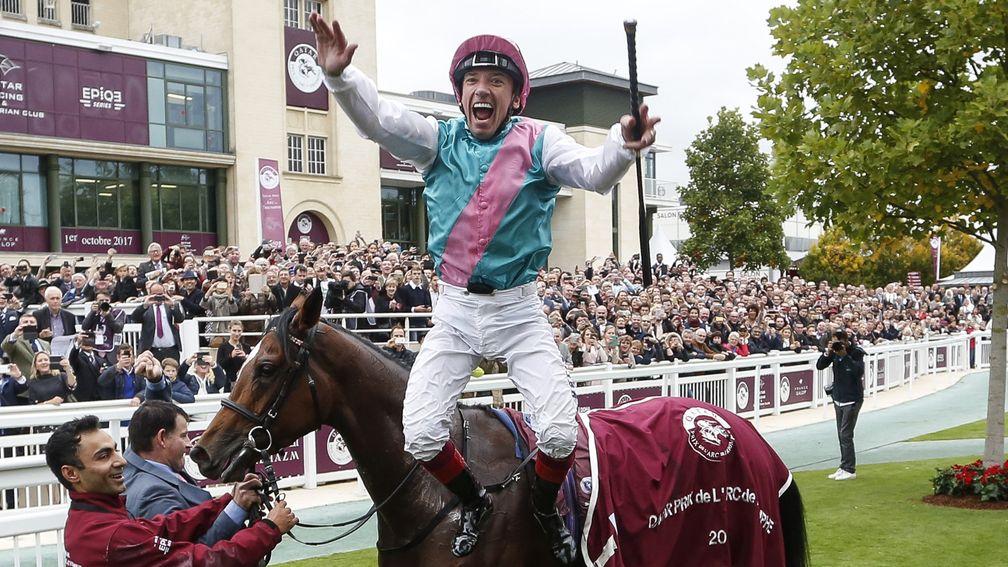 Frankie Dettori celebrates victory in the Arc at Chantilly on Enable