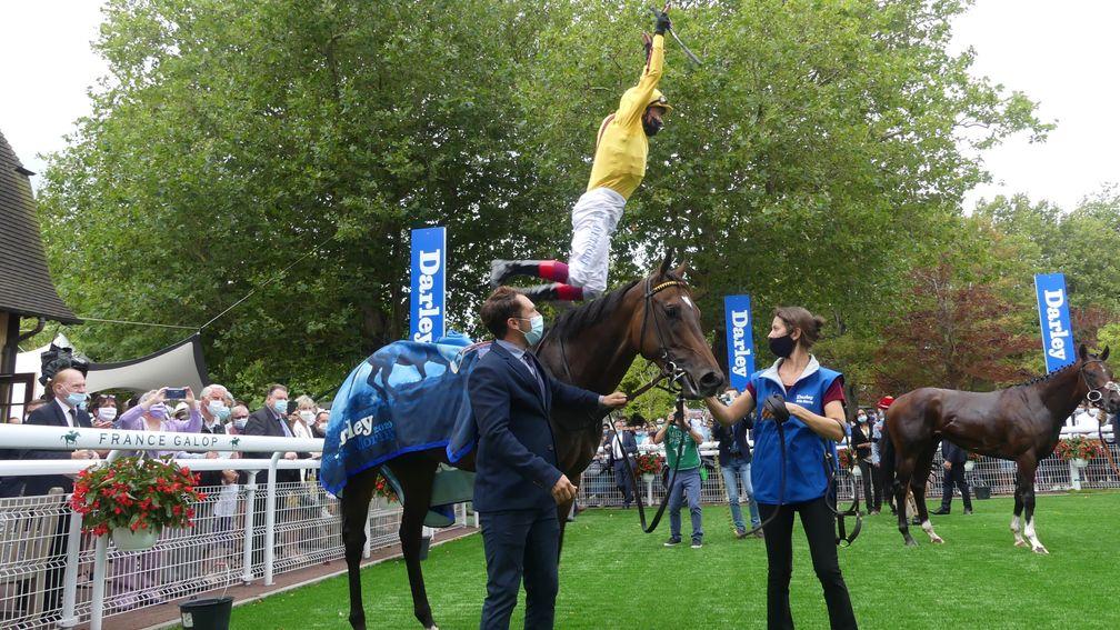 Flying high: Frankie Dettori secures a second Group 1 of his French trip with Campanelle in the Darley Prix Morny