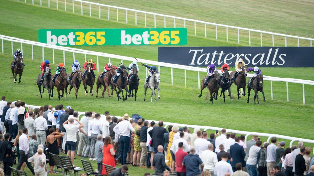 Snow Lantern (grey) and Sean Levey make their move to land the Group 1 Falmouth Stakes