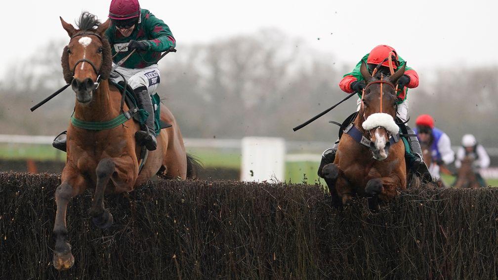 WARWICK, ENGLAND - JANUARY 11: David Bass riding Two For Gold (R) clear the last to win The McCoy Contractors 2020 Construction News-Awards Finalist Hampton Novices' Chase at Warwick Racecourse on January 11, 2020 in Warwick, England. (Photo by Alan Crowh