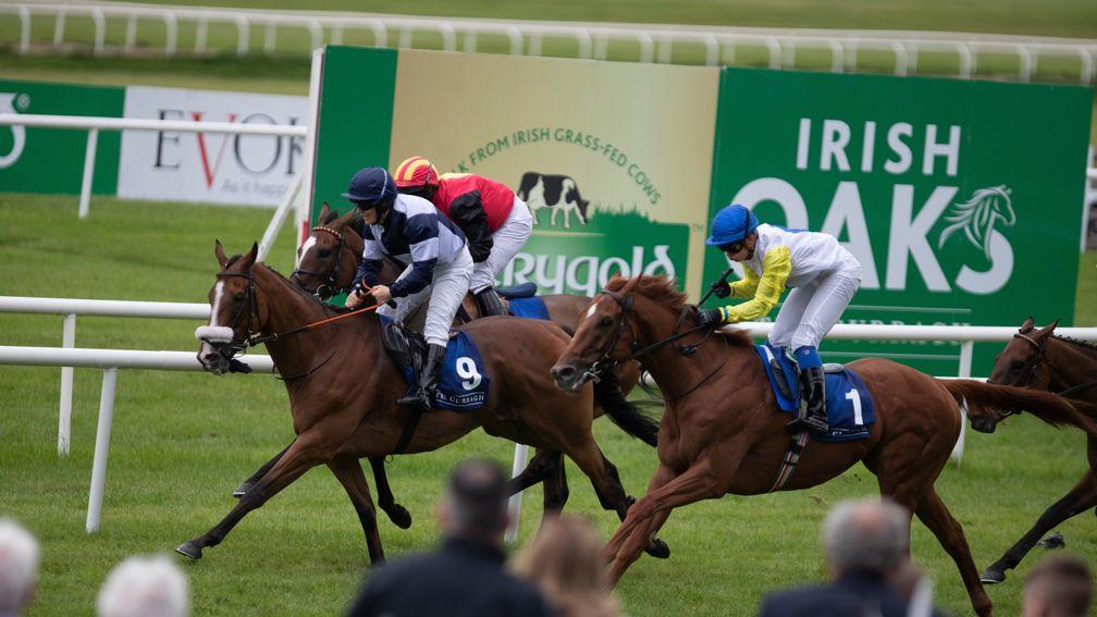 Moonmeister (navy cap) finished first past the post in the Kildare Village Ladies Derby Handicap but runner-up Perfect Tapatino (royal blue cap) has now been awarded the race