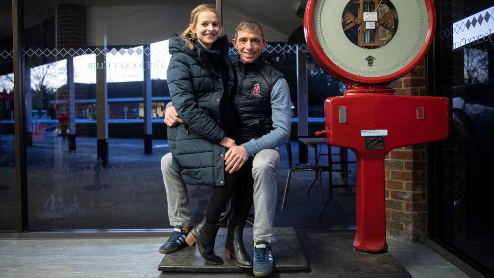 Jockey Dave Crosse, pictured here with his wife Rebecca on the weighing-room scales at Kempton, announced his retirement on Sunday