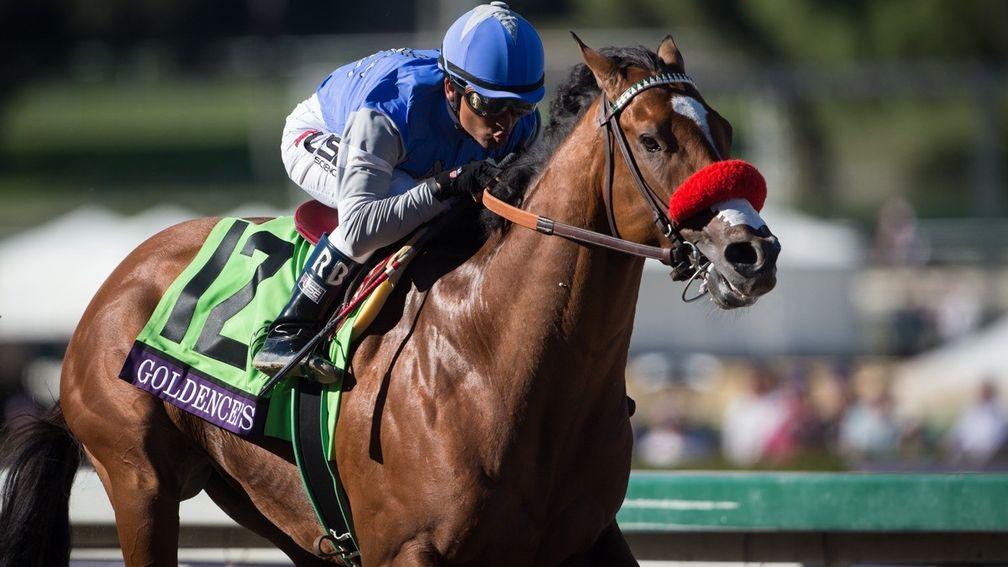 Into Mischief's son Goldencents wins the Breeders' Cup Dirt Mile at Santa Anita in 2013