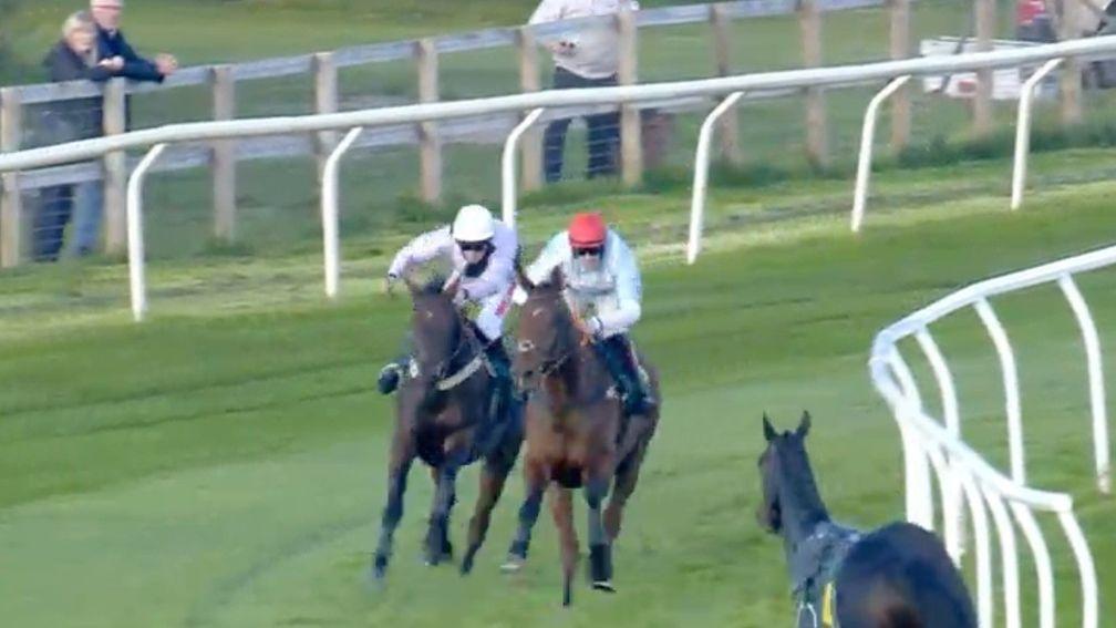 A loose horse confronts the two leaders as they head into the home straight at Fakenham