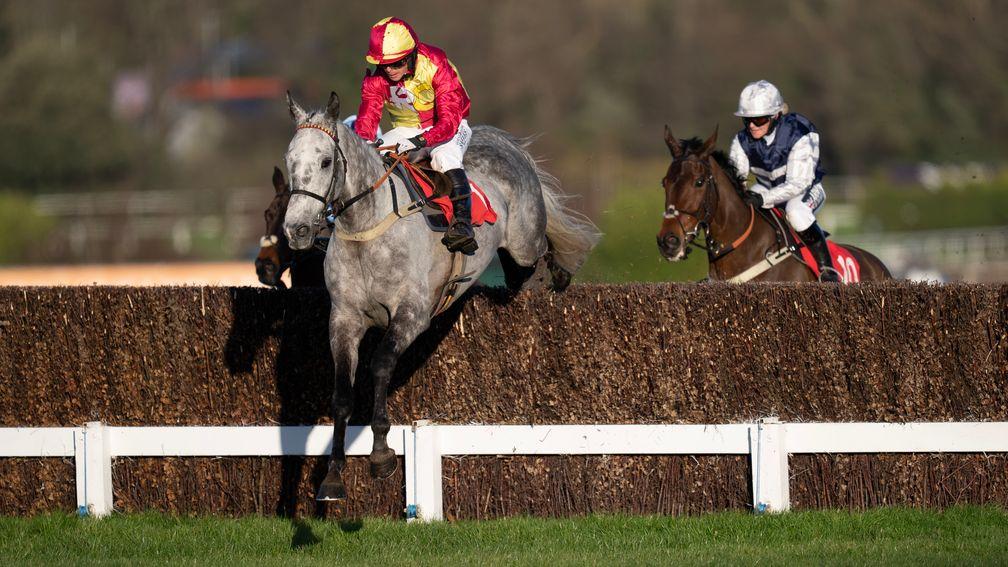Farceur Du Large (Maj Will Kellard) jumps the last fence on their way to winning the Grand Military Gold Cup