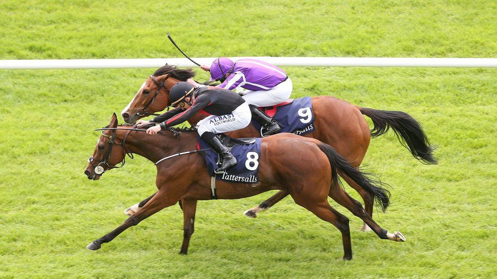 Jet Setting (8) sees off Minding to win the Irish 1,000 Guineas