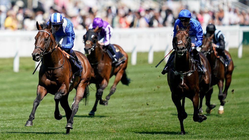 ASCOT, ENGLAND - JUNE 14: Jim Crowley riding Baaeed (L, blue) win The Queen Anne Stakes during Royal Ascot 2022 at Ascot Racecourse on June 14, 2022 in Ascot, England. (Photo by Alan Crowhurst/Getty Images)