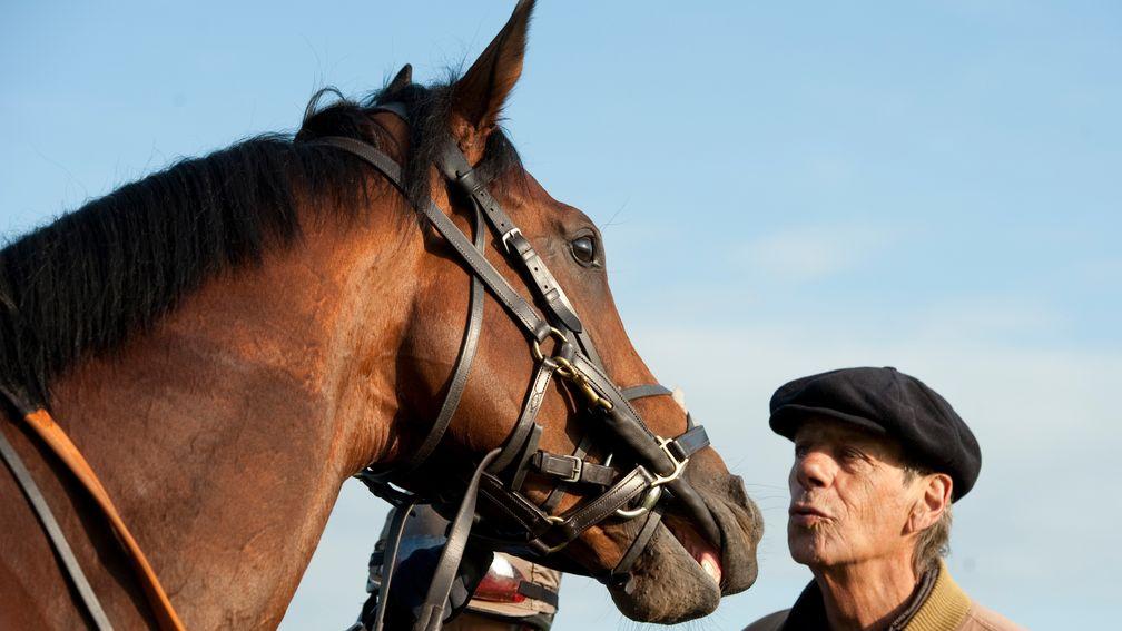 Sir Henry Cecil pictured with Frankel on the Newmarket gallops in June 2012
