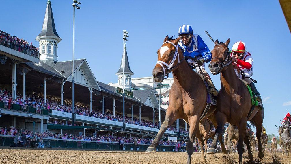Malathaat, in Sheikh Hamdan's famous blue and white silks, just holds off Search Results to win the Kentucky Oaks