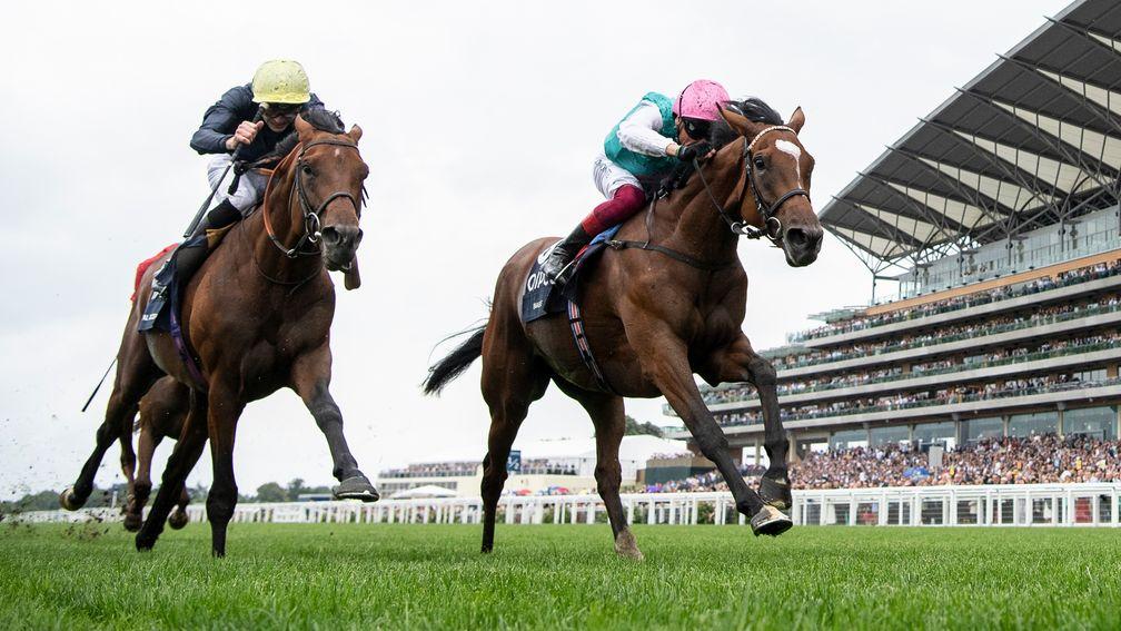 Crystal Ocean and James Doyle (left) heads down but a neck down to Enable at the finish of the King George VI and Queen Elizabeth Stakes at Ascot on Saturday