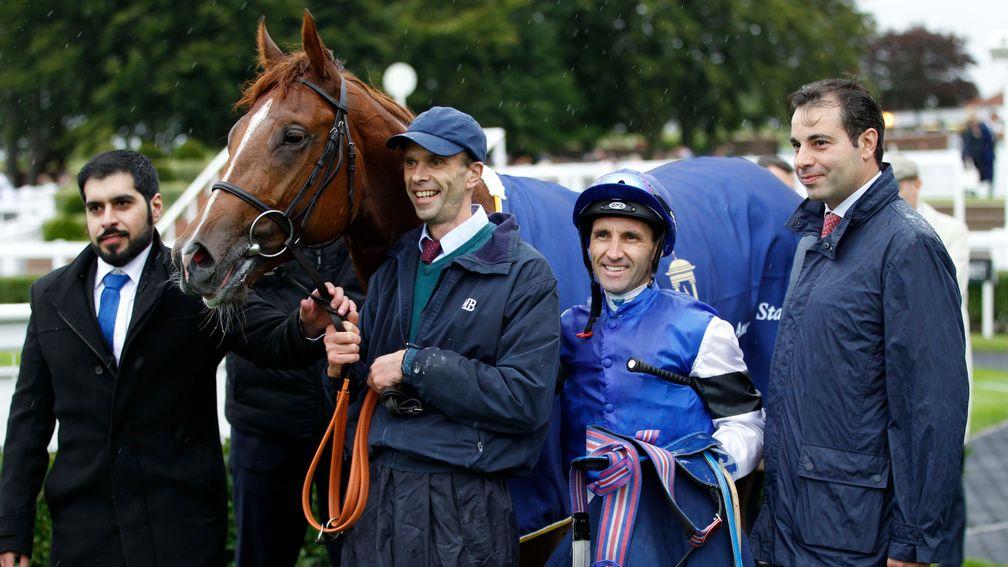 Ahmed Bintooq (left) with Tatsumaki, Neil Callan and Marco Botti (second right and right) after their valuable victory at Newmarket