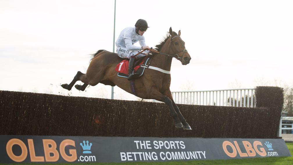 Brain Power and David Mullins fly the last fence to win the novice chase at Kempton on Monday