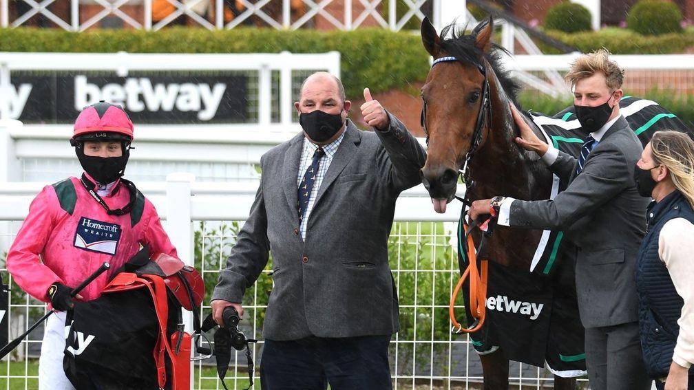 Oxted, bred by Homecroft Wealth Racing, with jockey Cieren Fallon and trainer Roger Teal after winning the Abernant