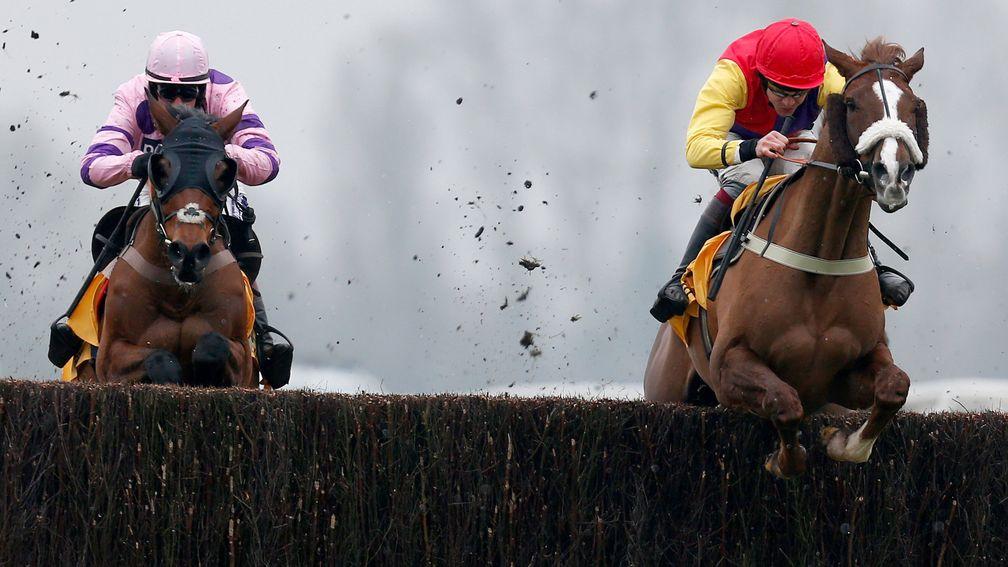 Native River (Aidan Coleman) leads Le Mercurey over the last in the Denman Betfair Chase at Newbury on Saturday