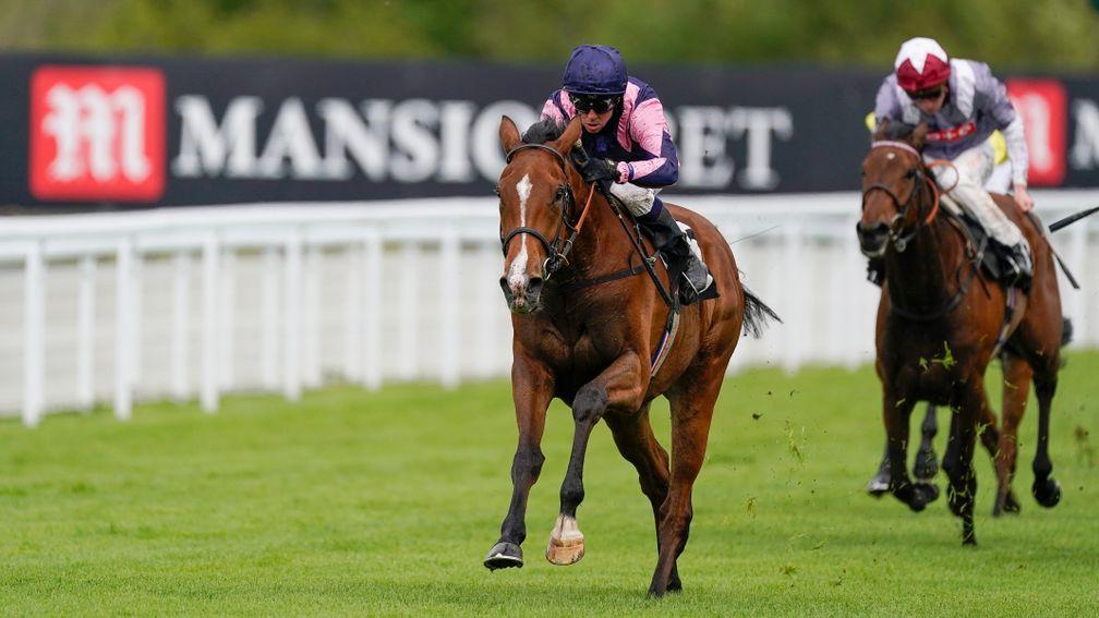CHICHESTER, ENGLAND - MAY 22: Jim Crowley riding Via Sistina win The MansionBet Proud To Sponsor British Racing EBF Fillies' Novice Stakes at Goodwood Racecourse on May 22, 2021 in Chichester, England. Owners and a limited number of the public are allowed
