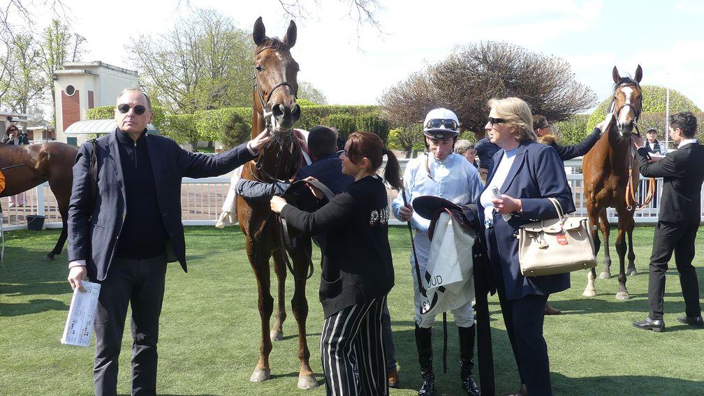 Fabrice Chappet and Crown Princesse after victory in the Prix Cleopatre at Saint-Cloud
