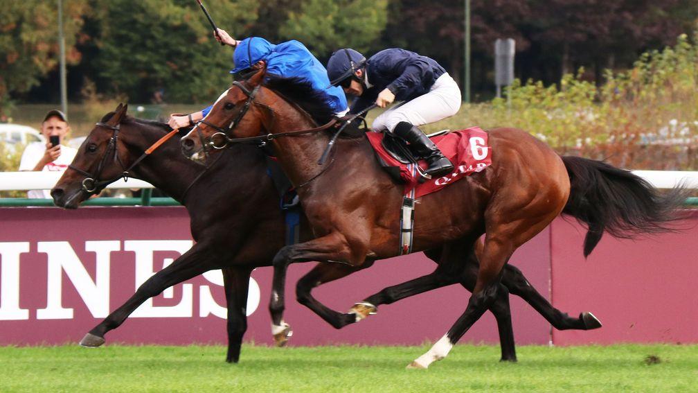 Brundtland and James Doyle (far side) hold off hunting Horn in the Prix Niel at Longchamp