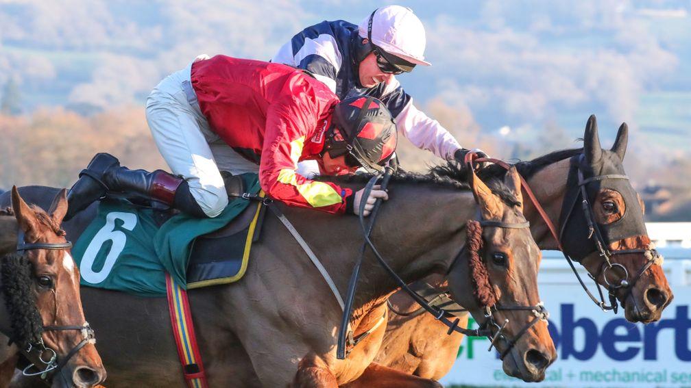 Sam Twiston-Davies gets Cogry to put his head down on the line to shade the photo-finish from Singlefarmpayment at Cheltenham