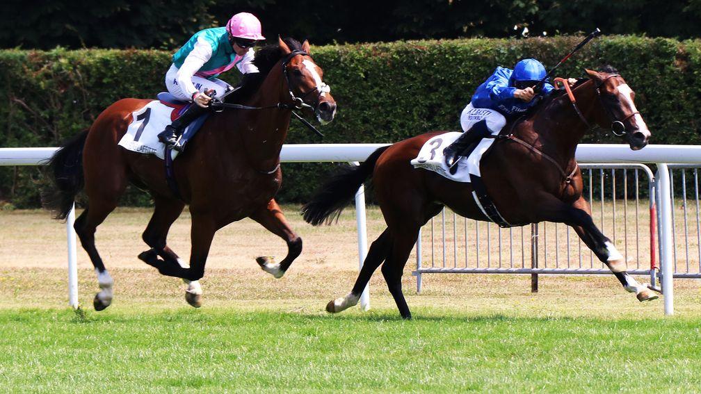 Gyllen (right) keeps on strongly to win the Prix Eugene Adam