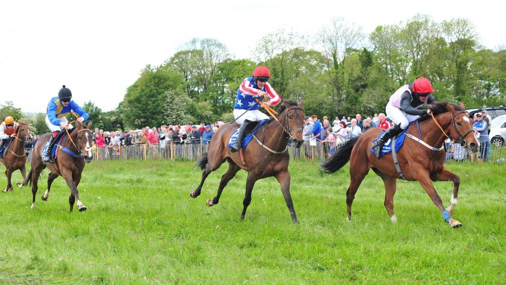 19-5-19 BALLINDENISK PTP STRENGTHOFMIND and Declan Queallhy (right) win the 4yo Maiden from Dreal Deal (centre).Healy Racing Photo