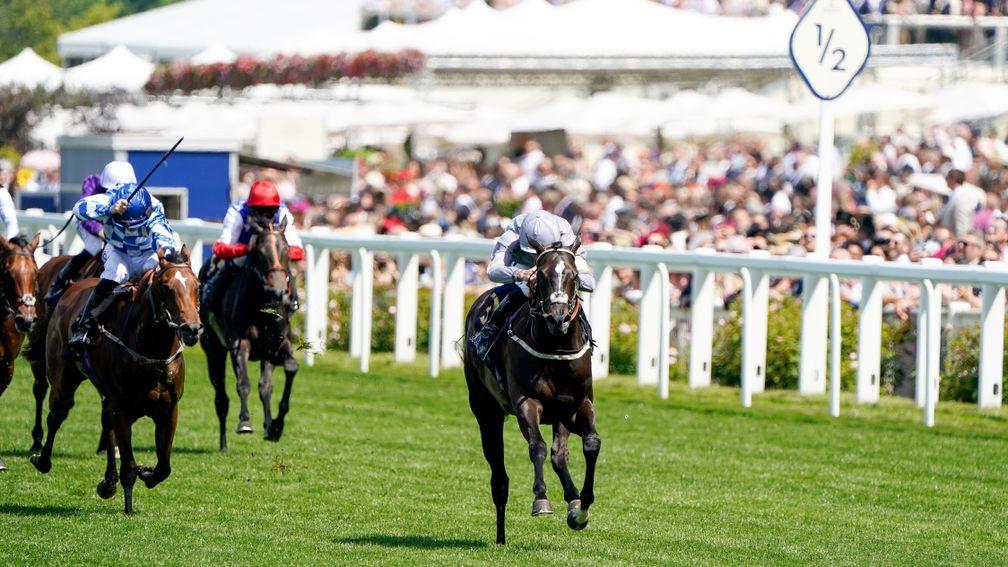 ASCOT, ENGLAND - JUNE 15: Daniel Tudhope riding Dramatised win The Queen Mary Stakes during Royal Ascot 2022 at Ascot Racecourse on June 15, 2022 in Ascot, England. (Photo by Alan Crowhurst/Getty Images)