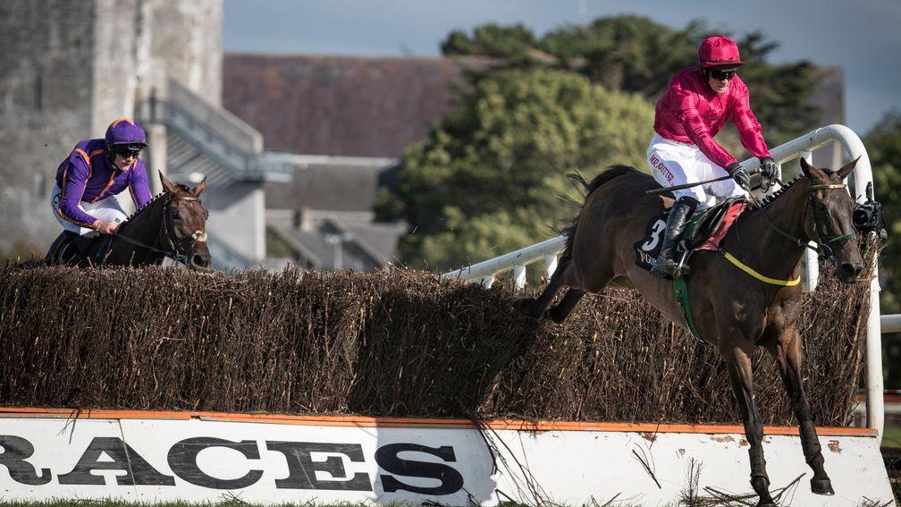 Snow Falcon clears the last fence in the Kerry National en route to victory