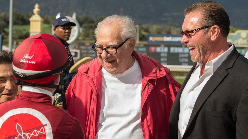 Jed Cohen (centre) pictured with trainer Jeff Mullins and jockey Tyler Baze after Itsinthepost's Grade 2 win at Santa Anita in 2018